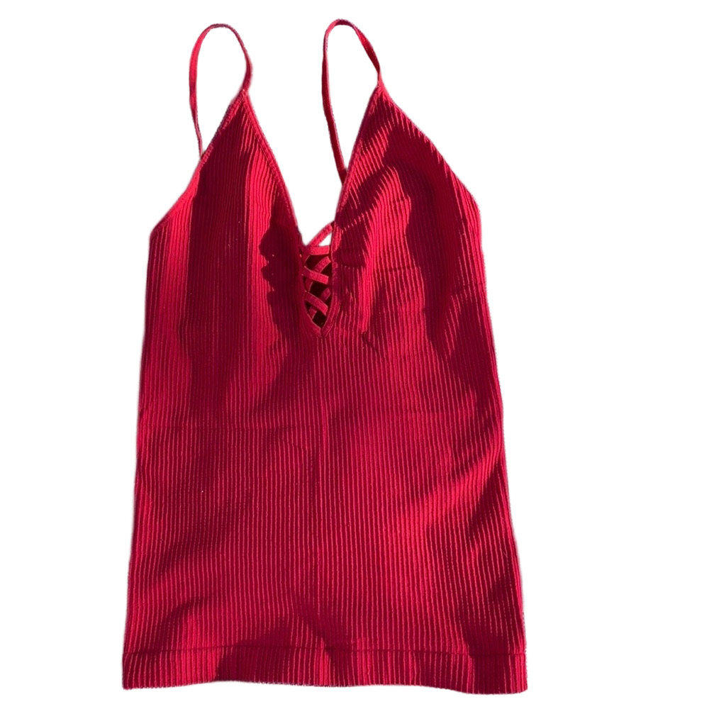 Intimately by Free People Red Ribbed Lace-Up Camisole Tank Top SIZE M/L